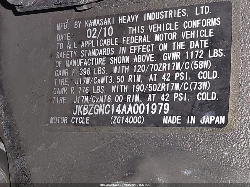 2010 Kawasaki Zg1400 C VIN: JKBZGNC14AA001979 Lot: 45594423