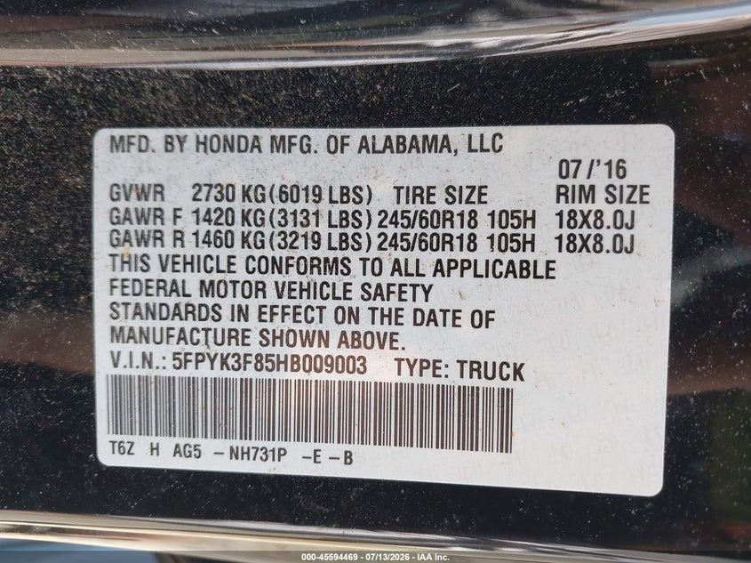 2017 Honda Ridgeline Black Edition VIN: 5FPYK3F85HB009003 Lot: 45594469