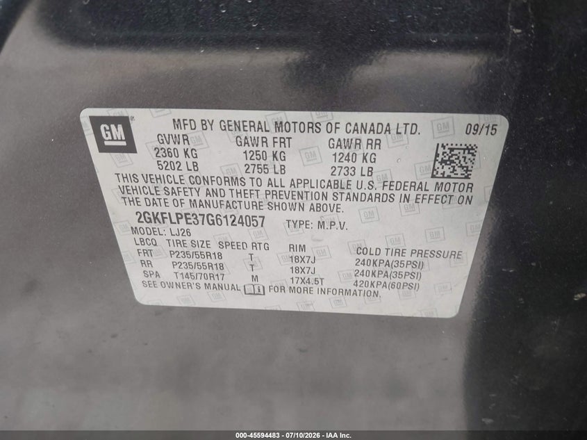 2016 GMC Terrain Slt VIN: 2GKFLPE37G6124057 Lot: 45594483