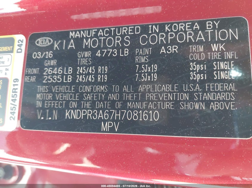 2017 Kia Sportage Sx Turbo VIN: KNDPR3A67H7081610 Lot: 45594485