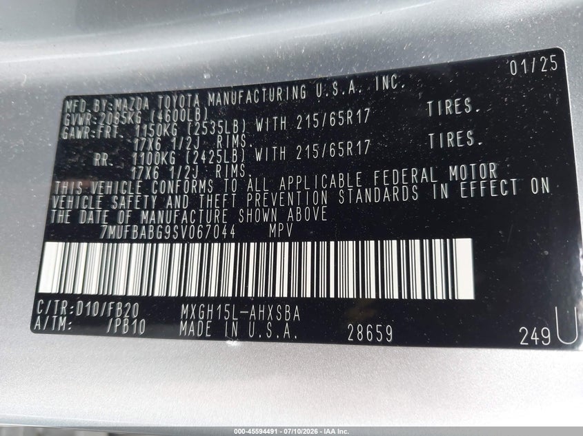 2025 Toyota Corolla Cross Hybrid Se VIN: 7MUFBABG9SV067044 Lot: 45594491