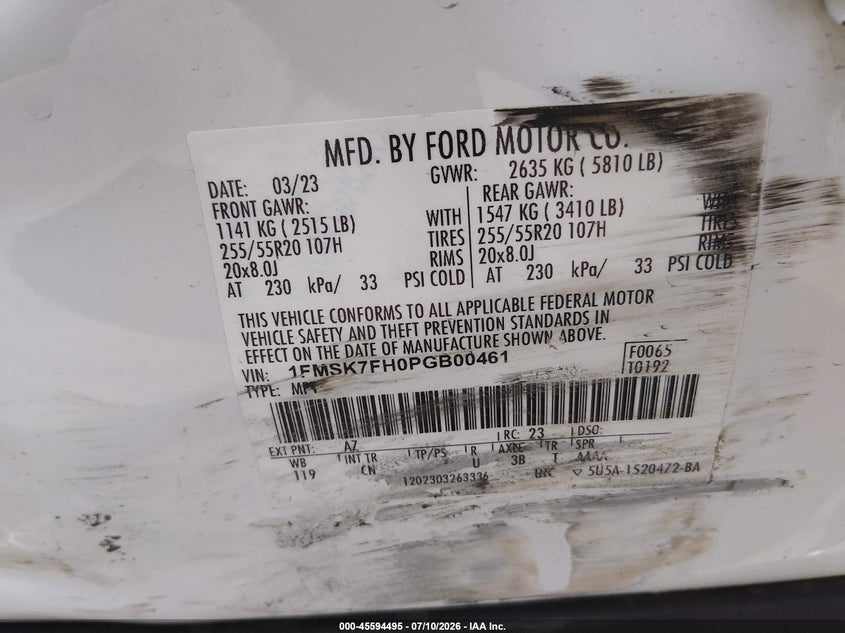 2023 Ford Explorer Limited VIN: 1FMSK7FH0PGB00461 Lot: 45594495