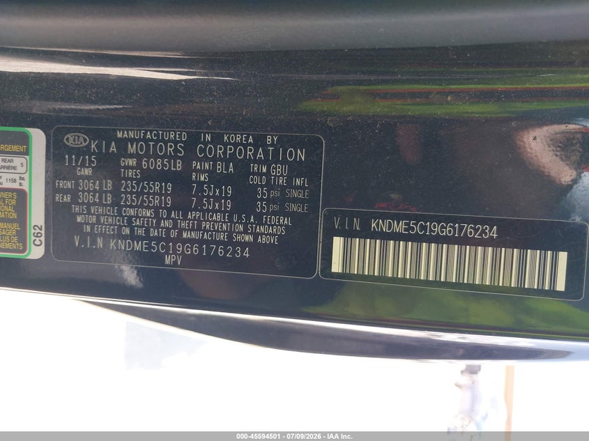 2016 Kia Sedona Sx Luxury VIN: KNDME5C19G6176234 Lot: 45594501