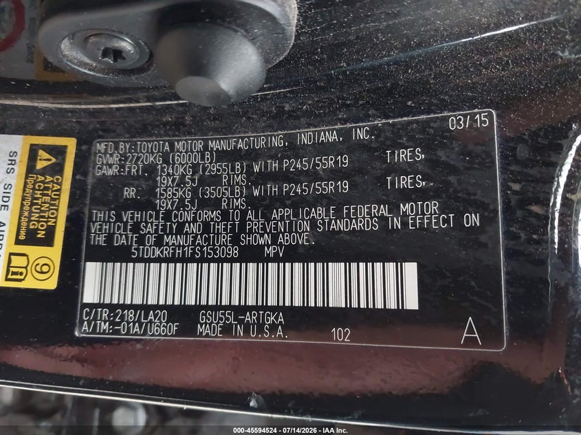 2015 TOYOTA HIGHLANDER SPORT UTILITY VEHICLE 3.5L V-6 DOHC, VVT, 270HP