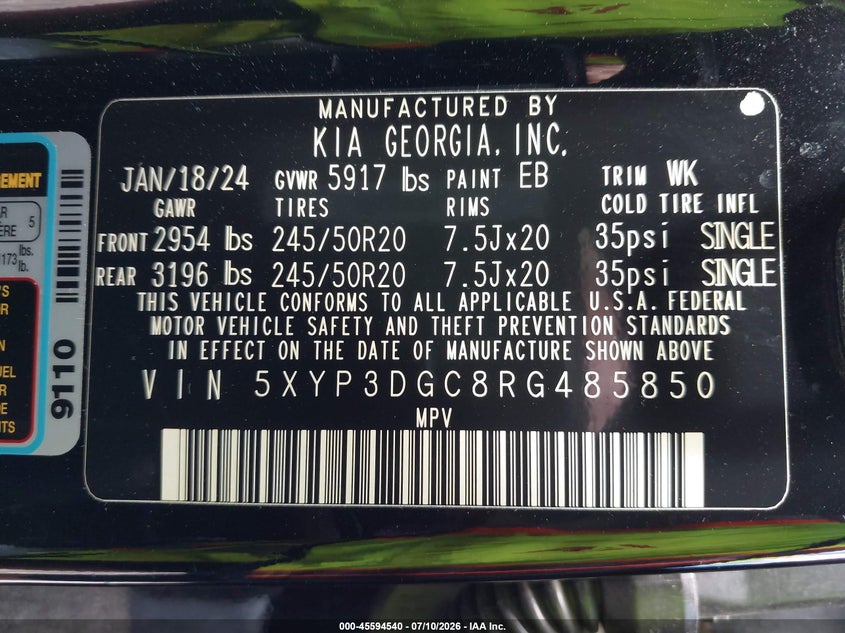 2024 Kia Telluride Ex VIN: 5XYP3DGC8RG485850 Lot: 45594540