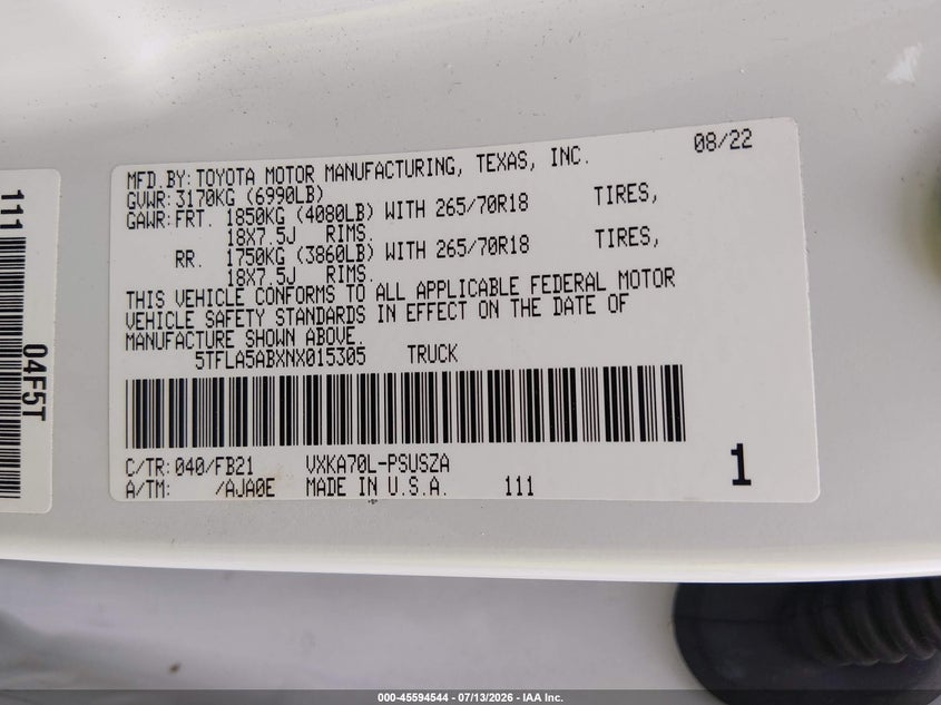 2022 Toyota Tundra Sr5 VIN: 5TFLA5ABXNX015305 Lot: 45594544