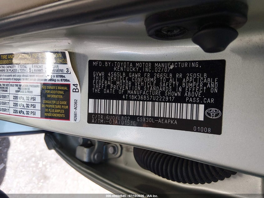 2007 Toyota Avalon Limited VIN: 4T1BK36B57U222917 Lot: 45594545