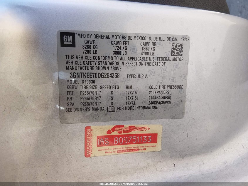 2013 Chevrolet Avalanche Ls VIN: 3GNTKEE70DG264368 Lot: 45594552