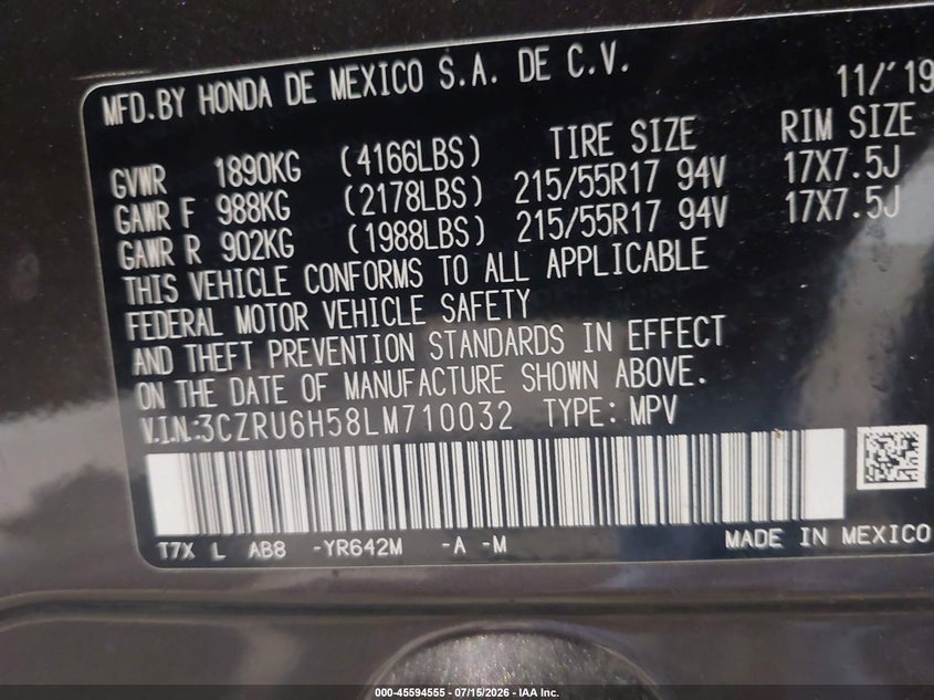 HONDA HR-V 2020 VIN 3CZRU6H58LM710032