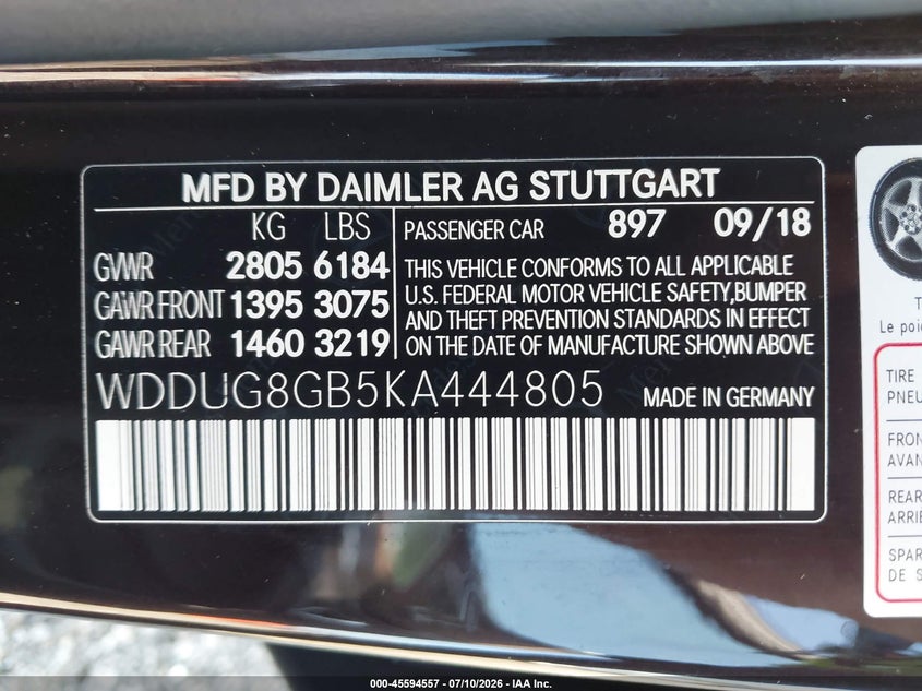 2019 Mercedes-Benz S 560 4Matic VIN: WDDUG8GB5KA444805 Lot: 45594557