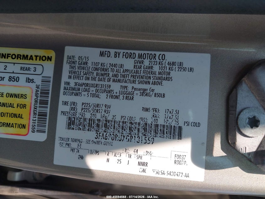 2016 Ford Fusion Hybrid Titanium VIN: 3FA6P0RUXGR131559 Lot: 45594568