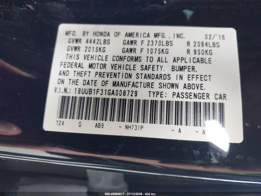 2016 Acura Tlx VIN: 19UUB1F31GA008729 Lot: 45594617