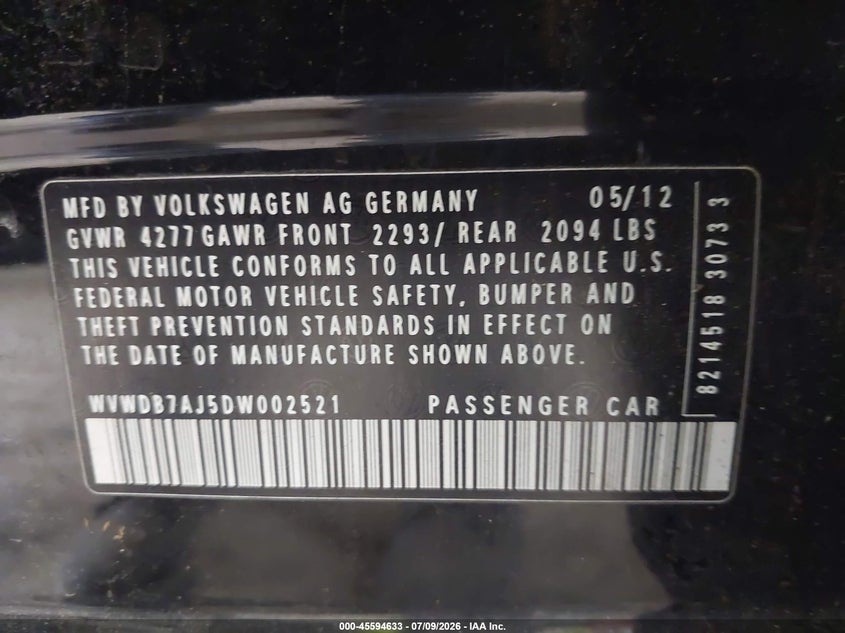 2013 Volkswagen Golf 2.5L 4-Door VIN: WVWDB7AJ5DW002521 Lot: 45594633