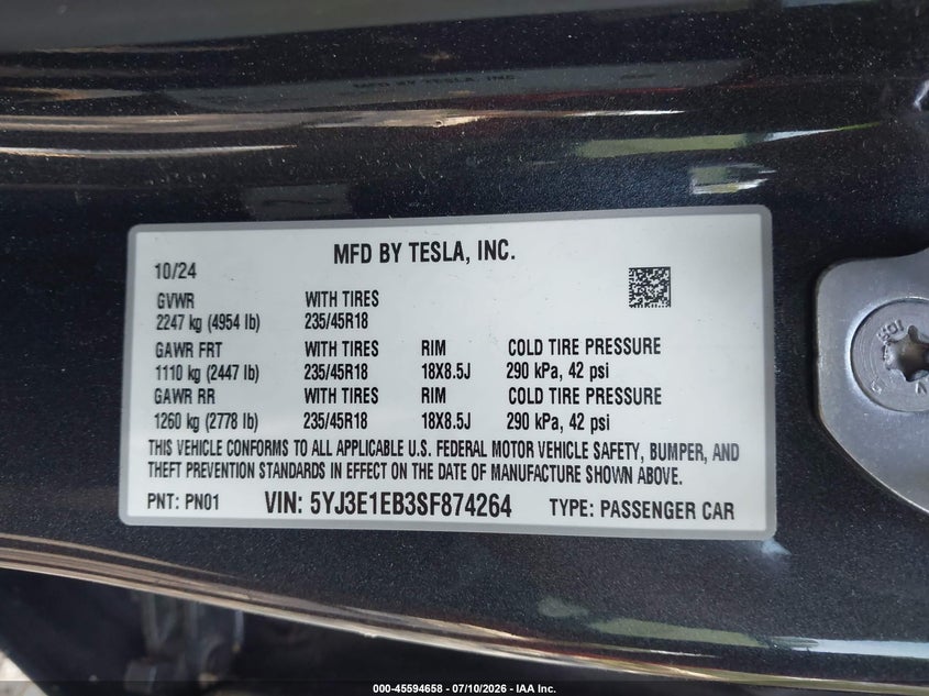 TESLA MODEL 3 2025 VIN 5YJ3E1EB3SF874264