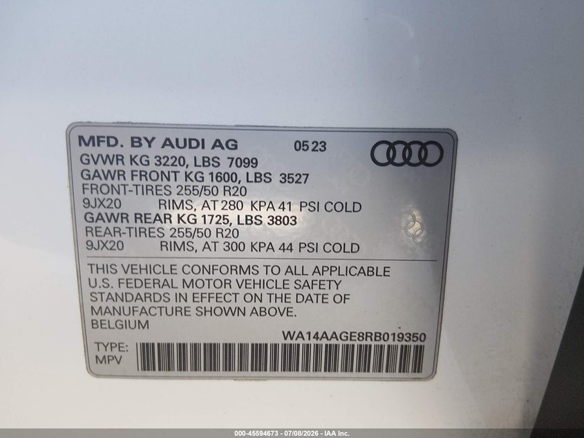 2024 Audi Q8 E-Tron Premium Quattro VIN: WA14AAGE8RB019350 Lot: 45594673