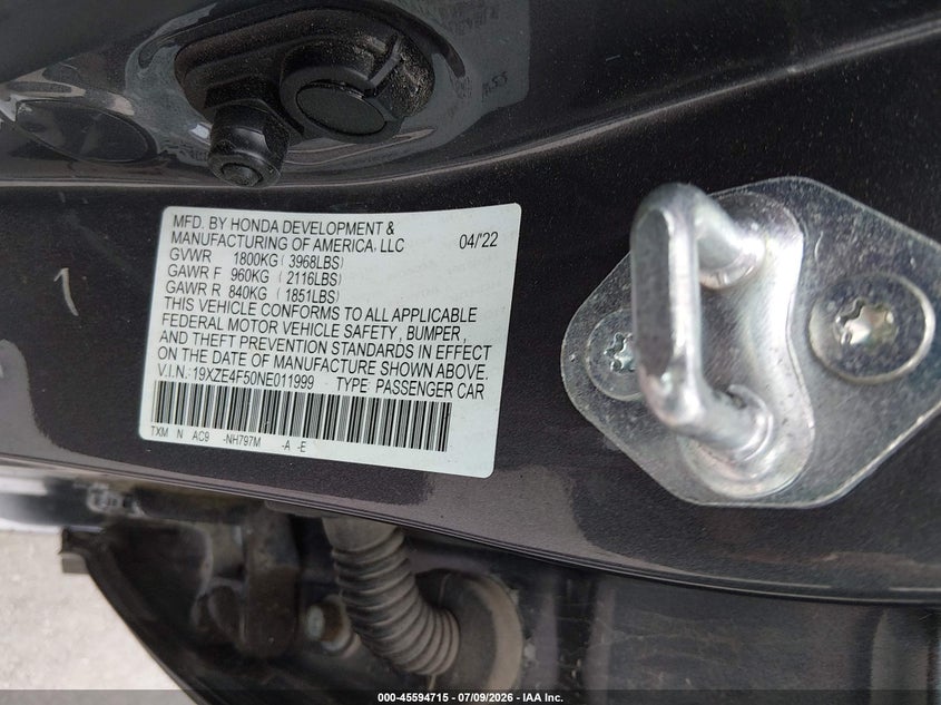 2022 Honda Insight Ex VIN: 19XZE4F50NE011999 Lot: 45594715