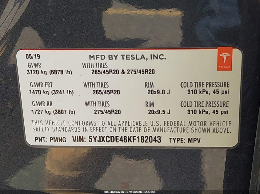 2019 Tesla Model X P100D/Performance VIN: 5YJXCDE48KF182043 Lot: 45594766