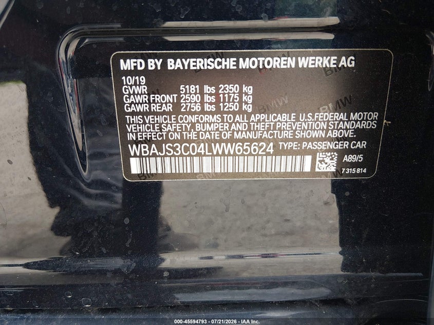 2020 BMW 540I xDrive VIN: WBAJS3C04LWW65624 Lot: 45594793