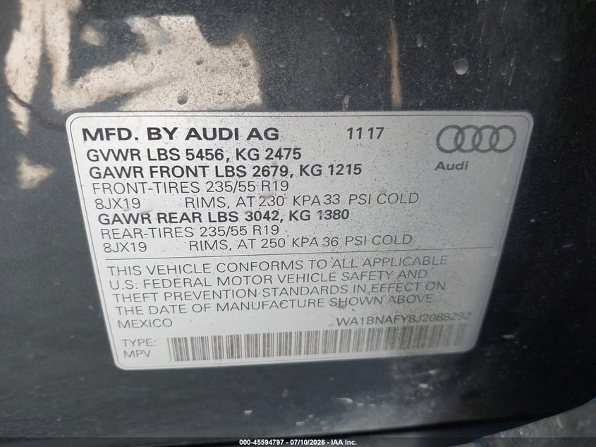 2018 Audi Q5 2.0T Premium/2.0T Tech Premium VIN: WA1BNAFY8J2088292 Lot: 45594797