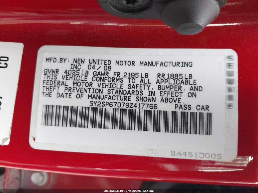 2009 Pontiac Vibe VIN: 5Y2SP67079Z417766 Lot: 45594810