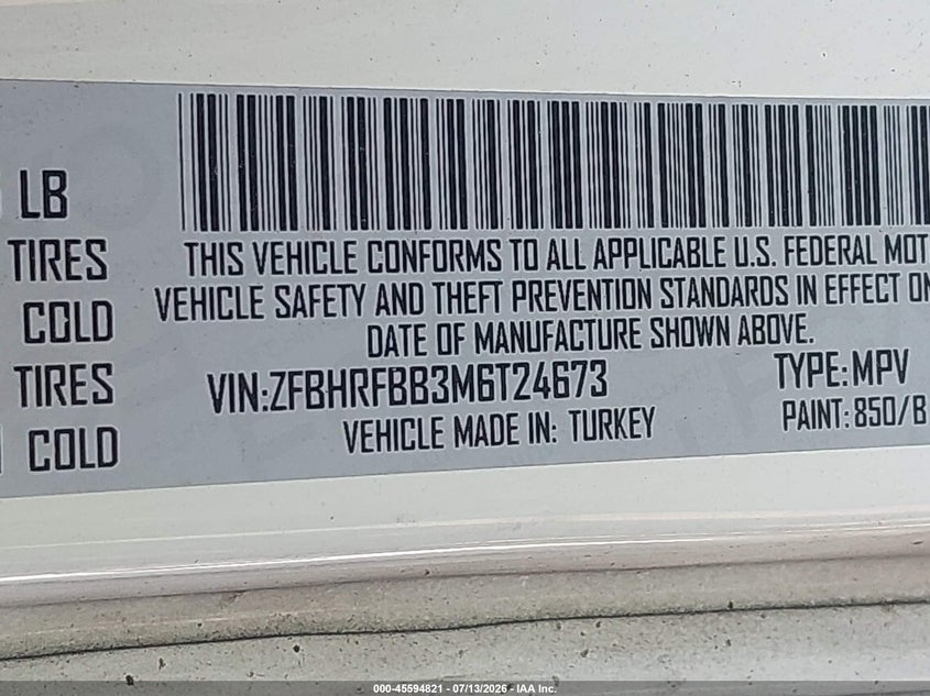 2021 Ram Promaster City Tradesman Slt VIN: ZFBHRFBB3M6T24673 Lot: 45594821