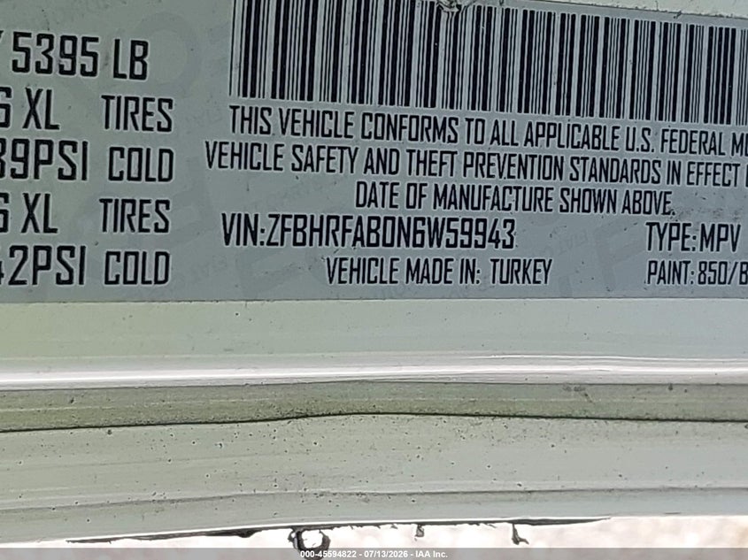 2022 Ram Promaster City Cargo Van VIN: ZFBHRFAB0N6W59943 Lot: 45594822