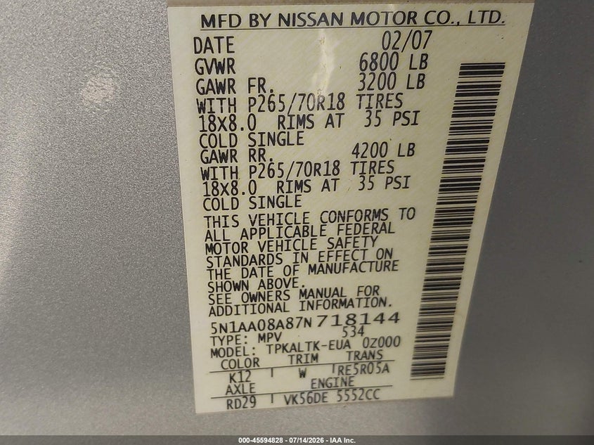 2007 Nissan Armada Se VIN: 5N1AA08A87N718144 Lot: 45594828
