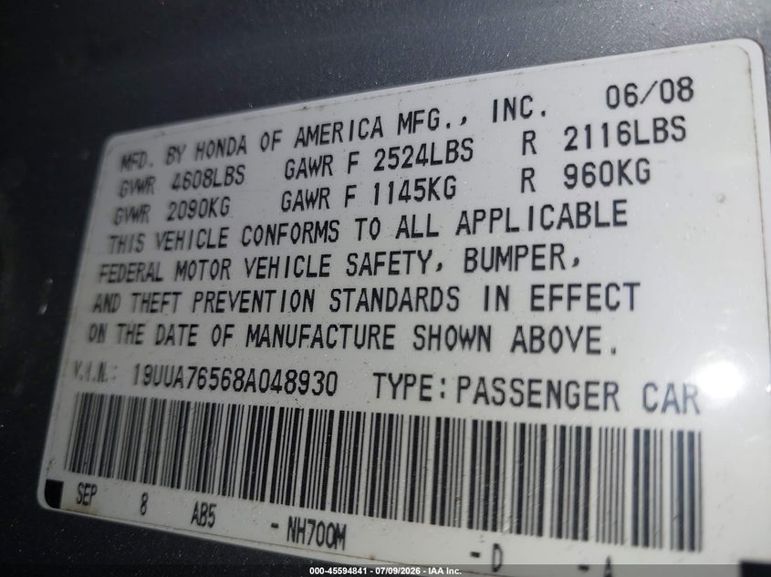 2008 Acura Tl Type S VIN: 19UUA76568A048930 Lot: 45594841
