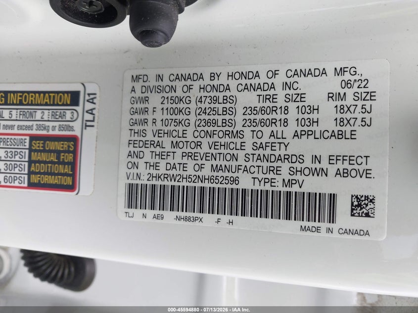 HONDA CR-V 2022 VIN 2HKRW2H52NH652596