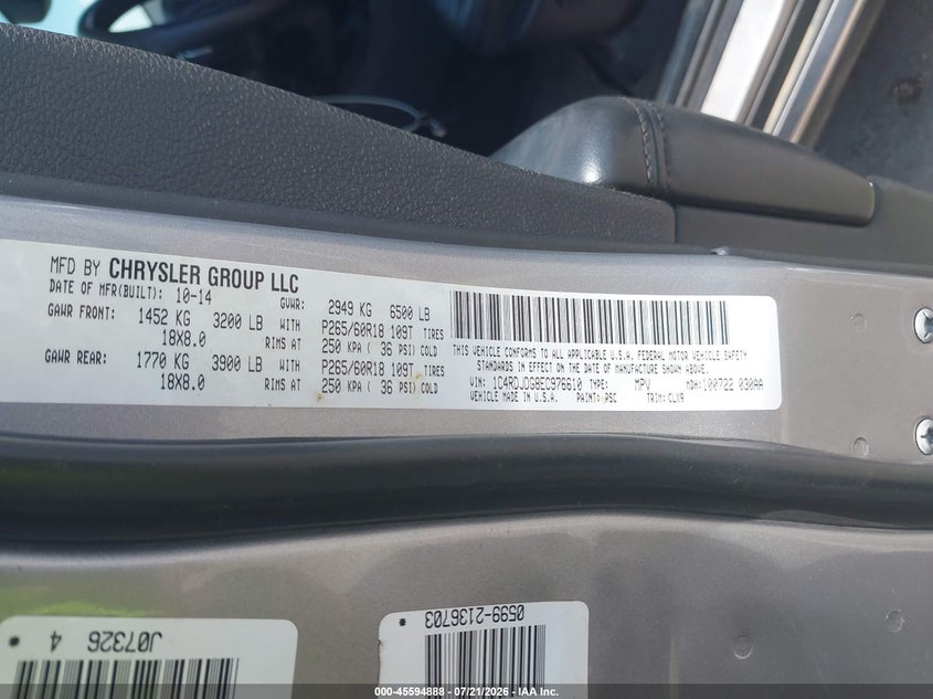 2014 Dodge Durango Limited VIN: 1C4RDJDG8EC976610 Lot: 45594888