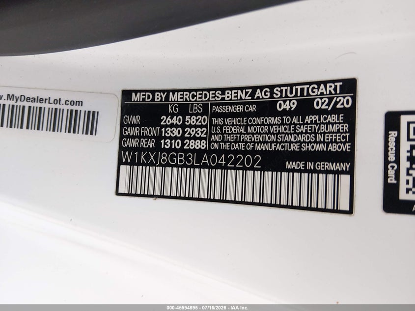 2020 Mercedes-Benz S 560 4Matic VIN: W1KXJ8GB3LA042202 Lot: 45594895