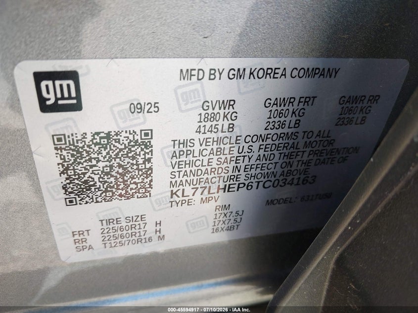 2026 Chevrolet Trax Fwd Lt VIN: KL77LHEP6TC034163 Lot: 45594917