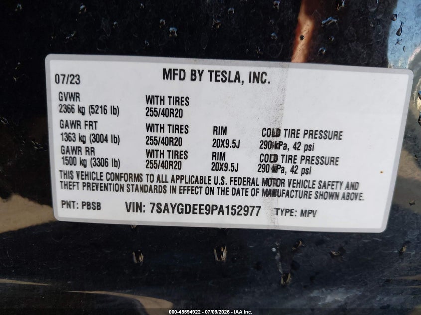 VIN: 7SAYGDEE9PA152977 2023 TESLA MODEL Y AWD/LONG RANGE DUAL MOTOR ALL-WHEEL DRIVE