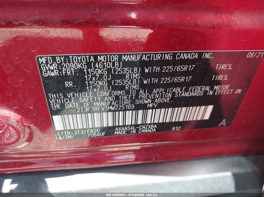 VIN 2T3F1RFV1MW225169 2021 TOYOTA RAV4 LE
