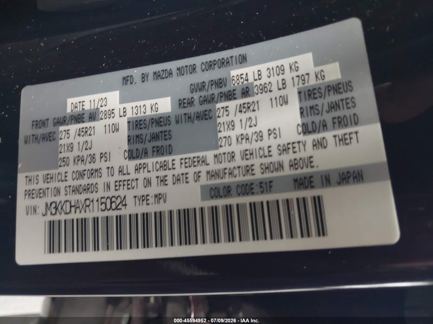 2024 Mazda Cx-90 Phev Premium VIN: JM3KKDHAXR1150624 Lot: 45594952