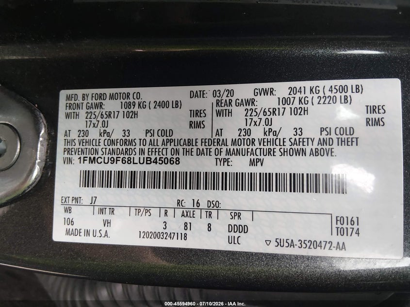 FORD ESCAPE 2020 VIN 1FMCU9F68LUB45068
