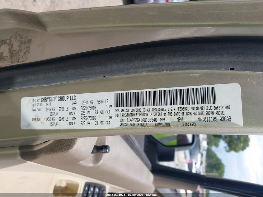 JEEP LIBERTY 2010 VIN 1J4PP2GK2AW133946