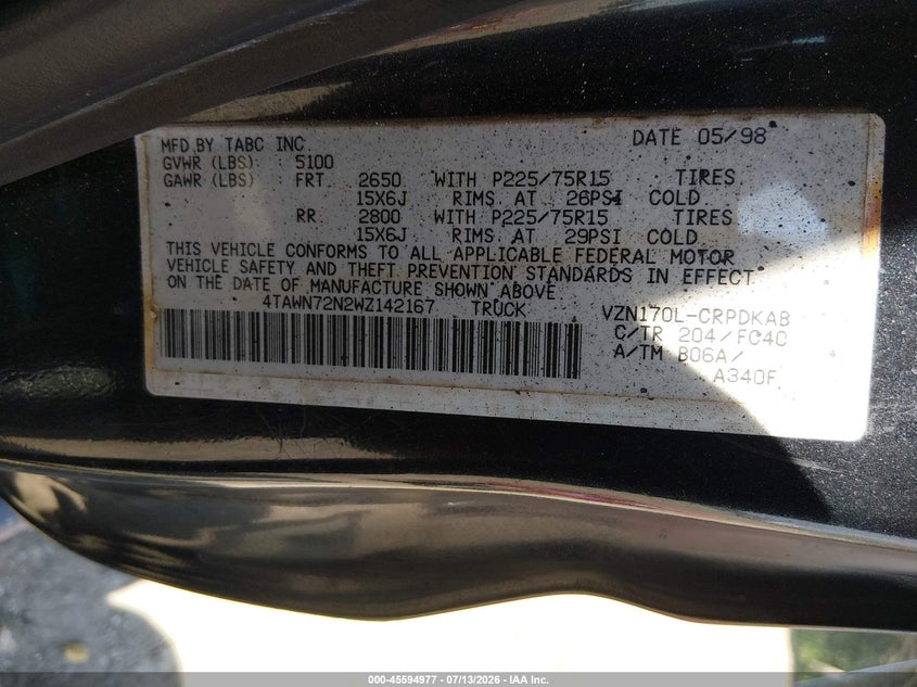1998 Toyota Tacoma Base V6 VIN: 4TAWN72N2WZ142167 Lot: 45594977