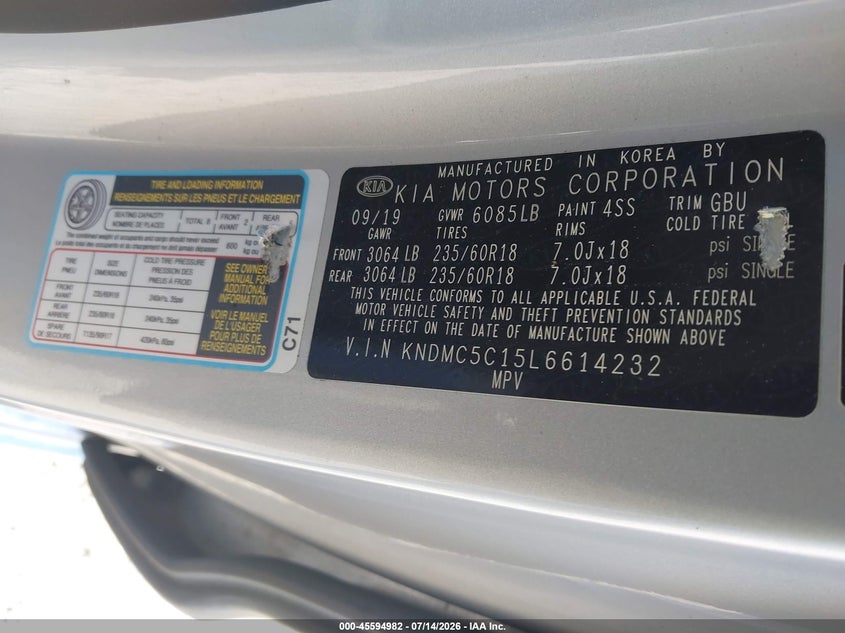 2020 Kia Sedona Sx VIN: KNDMC5C15L6614232 Lot: 45594982