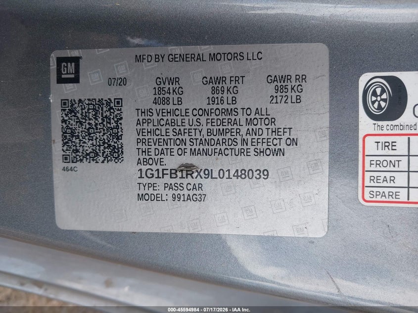 2020 Chevrolet Camaro Rwd 1Ls VIN: 1G1FB1RX9L0148039 Lot: 45594984