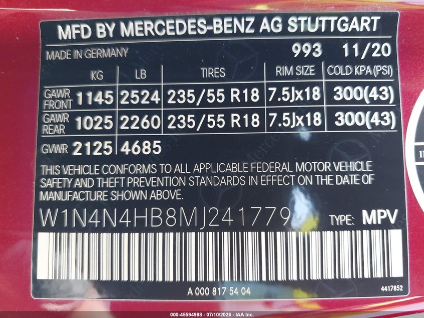 2021 Mercedes-Benz Gla 250 4Matic VIN: W1N4N4HB8MJ241779 Lot: 45594988