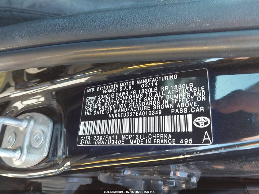 2014 Toyota Yaris Le (Tmmf Plant) VIN: VNKKTUD37EA010349 Lot: 45595004