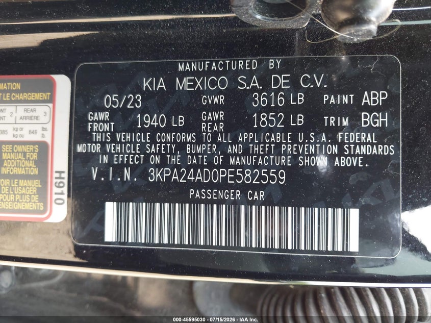 2023 Kia Rio S VIN: 3KPA24AD0PE582559 Lot: 45595030