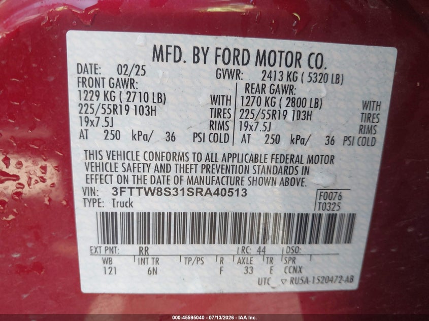 2025 Ford Maverick Lariat VIN: 3FTTW8S31SRA40513 Lot: 45595040