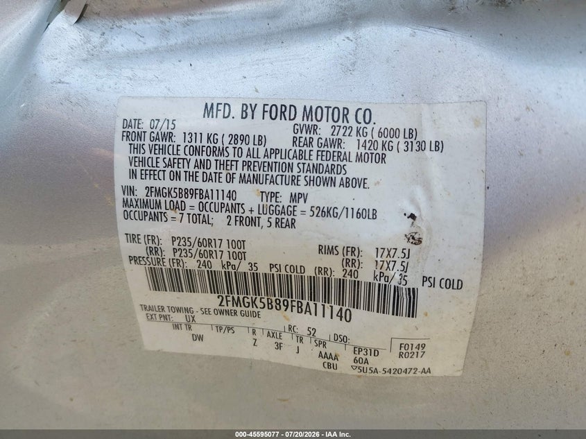 2015 Ford Flex Se VIN: 2FMGK5B89FBA11140 Lot: 45595077