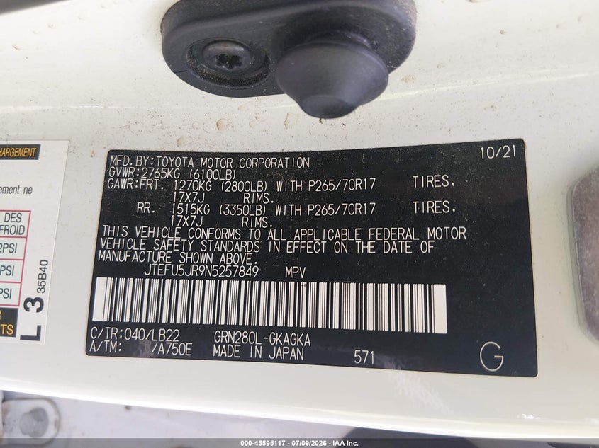 2022 Toyota 4Runner Sr5 Premium VIN: JTEFU5JR9N5257849 Lot: 45595117
