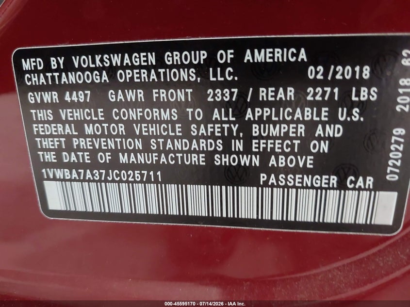 2018 Volkswagen Passat 2.0T Se VIN: 1VWBA7A37JC025711 Lot: 45595170