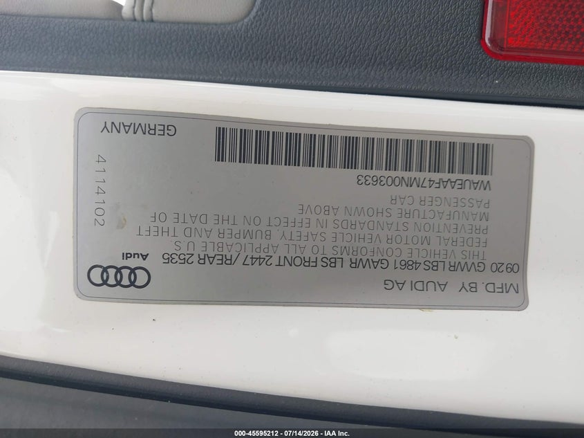 2021 Audi A4 Premium Plus 45 Tfsi S Line Quattro S Tronic VIN: WAUEAAF47MN003633 Lot: 45595212