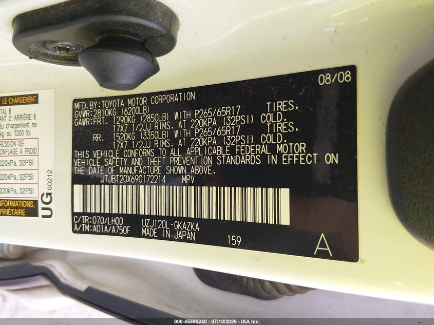 2009 Lexus Gx 470 VIN: JTJBT20X690172214 Lot: 45595240