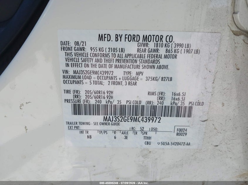 2021 Ford Ecosport Se VIN: MAJ3S2GE9MC439972 Lot: 45595246
